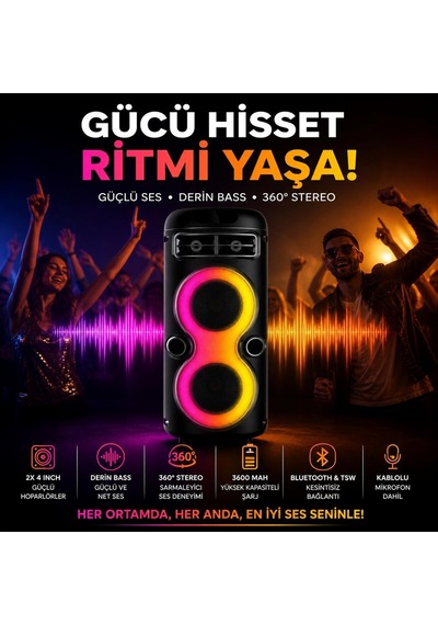 Büyük Boy Şarjlı Rgb Işıklı Hoparlör, 2 Adet 4 Inch Bass Destekli 360 Stereo 3600 Mah Şarjlı Bluetooth Tws U