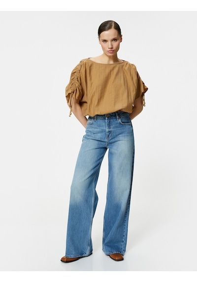 Koton Crop Bluz Drapeli Yarasa Kollu Kahverengi 4sak60345uw 4SAK60345UW517 Kahve