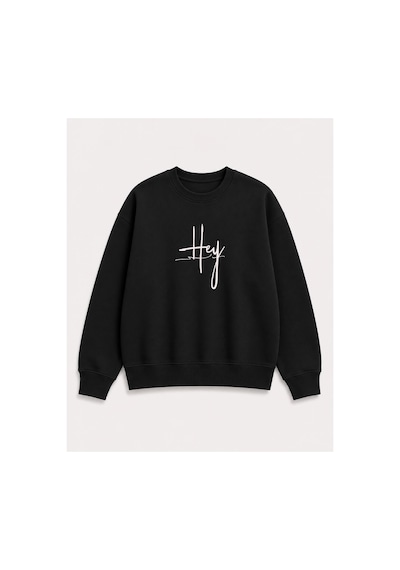 Herkesemoda Hey Yazı Baskı Detaylı Şardonlu 2 İplik Bisiklet Yaka Sweatshirt Siyah