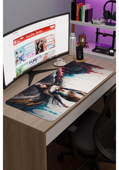 Dijital Art Anime Kadın Figür V5 90x40 Xxl Gaming Kauçuk Kaymaz Taban Mouse Pad Fare Altlığı