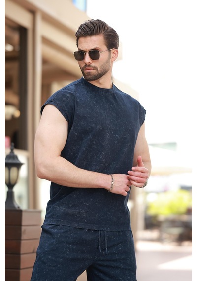 Madmext Lacivert Basic Erkek Yırtık Detaylı Şort T-shirt Takım E7319