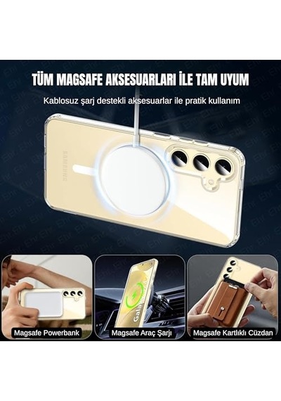 Samsung Galaxy S25 Fe Uyumlu Kamera Korumalı Magsafe Wireless Şarj Özellikli Sert Sararmaz Kristal Şeffaf Kılıf Diğer