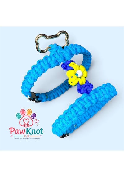 Sky Bloom Set Köpek/kedi Geöğüs Tasması Ve Gezdirme Kayışı Paracord El Yapımı Mavi - Lacivert - Sarı