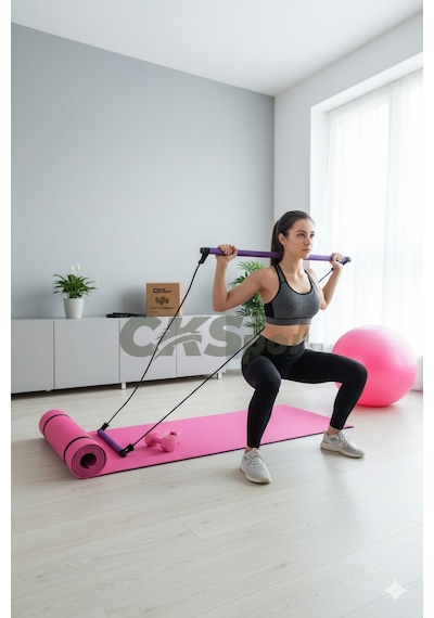 5 Li Pilates Seti 10mm Pilates Matı + Studio Topu + 1kg X2 Dambıl + Atlama İpi Ev Fitness & Full Body Egzersiz Seti Pembe