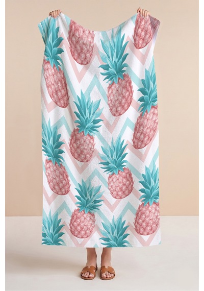 Ananas Tropikal Zigzag Plaj Havlusu - Pastel Bohem Pembe Turkuaz Hızlı Kuruyan Mikrofiber Havlu Kumlu Leylak