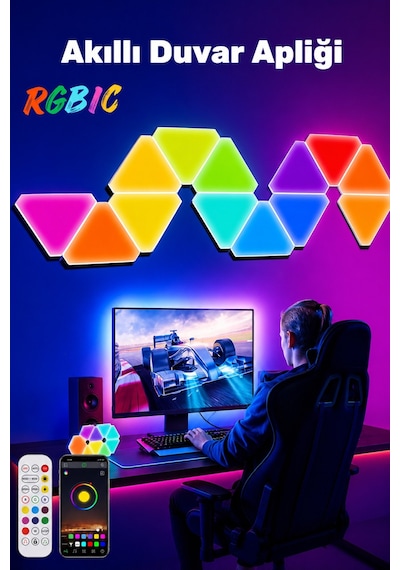 Triangle Rgbıc Üçgen Duvar Apliği Telefon Ve Kumanda Kontrollü Özelleştirilebilir 10 Parça Rgb-ıc