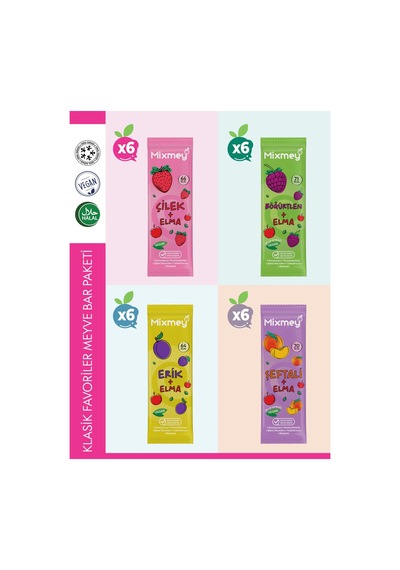 Mixmey Klasik Favoriler Meyve Bar Paketi 24 Adet | Atıştırmalık Vegan, Glutensiz (20GR X 24 ADET)