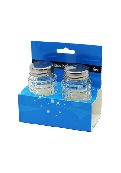 Glass Salt 2li Kabartmalı Metal Kapaklı Yuvarlak Cam Tuzluk - Baharatlık 5570