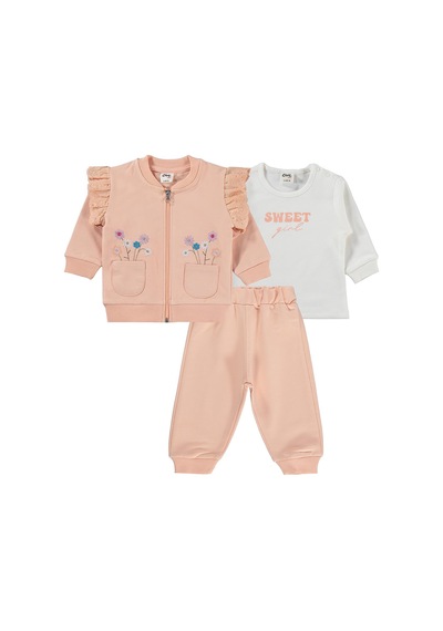 Civil Baby Çiçek Nakışlı Hırkalı 6-18 Ay Takım - Pudra