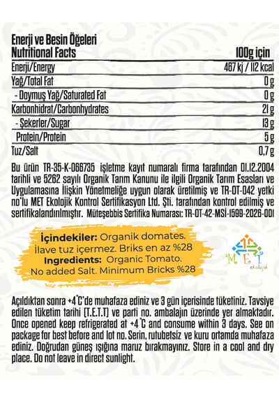 Talia Organik Domates Salçası 650g