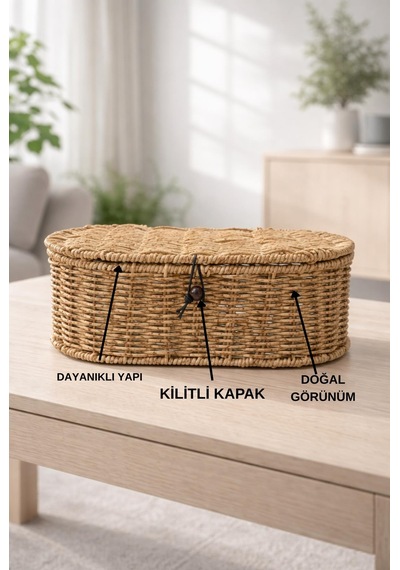 Rattan Kapaklı Oval Organizer Sepet Doğal Hasır Dekoratif Çok Amaçlı Saklama Kutusu Kahverengi