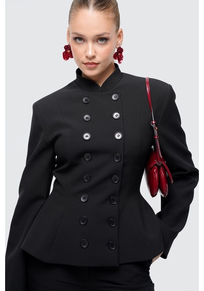 Thalure Kadın Siyah Kruvaze Düğmeli Peplum Blazer