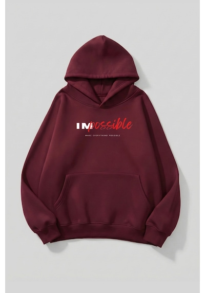 Uyguntarz Unisex Yumuşak Dokulu Impossible Baskılı Tasarım Oversize 3 İplik Hoodie Sweatshirt Bordo