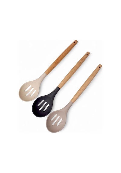 Deconox Bambu Saplı Silikon Delikli Servis Kaşığı, Bambu Uzun Silikon Delikli Servi Kaşığı 27cm 3 Renk Seçenek