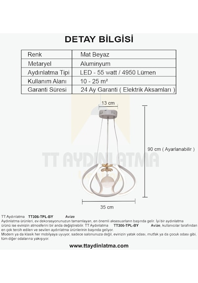 Tt Aydınlatma Kavis Modeli Mat Beyaz Tek Toplu 3 Renkli Led Avize Beyaz
