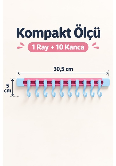 10 Kancalı Sürgülü Raylı Mutfak Ve Banyo Düzenleyici Askı 30 Cm Mavi - Pembe