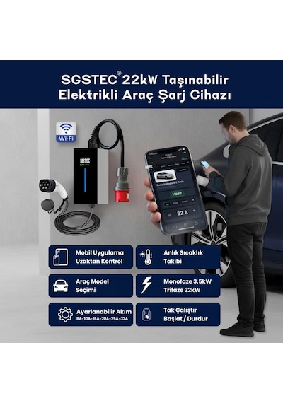 SGSTEC Home 22 KW 10Metre Kablolu Elektrikli Araç Şarj Cihazı