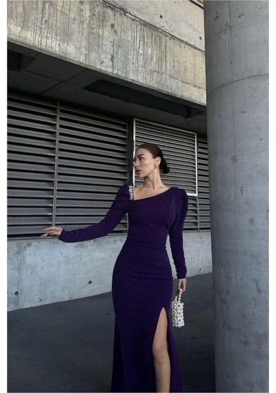 DefyModa Kadın Kayık Yaka Taş Detaylı Uzun Kollu Abiye Elbise Mor