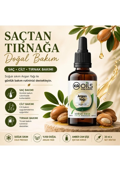 Kaoils Argan Yağı 30 Ml 100% Pure Argania Spinosa Kernel Oil Soğuk Sıkım Doğal Taşıyıcı Yağ Saç Ve Cilt Bakımı İçin Onarıcı Besleyici