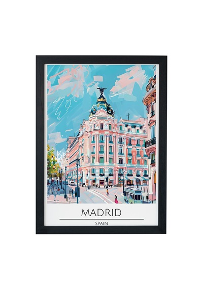 Madrid Spain Travel Poster Ahşap Çerçeveli Dekoratif Duvar Tablosu Siyah