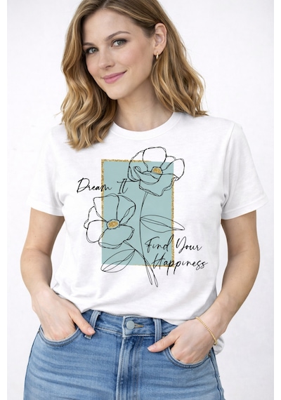 Herkesemoda Find Your Happiness Baskı Detaylı Kadın Bisiklet Yaka Pamuklu T-shirt Beyaz