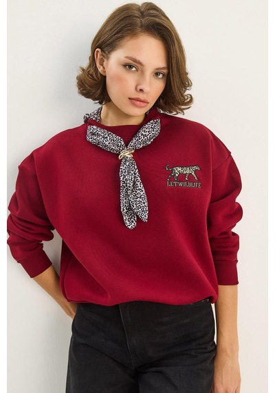 Shade Kadın Fular Detaylı Leopar Nakışlı Üç İplik Şardonlu Oversize Sweatshirt 6917 60283616 - Bordo