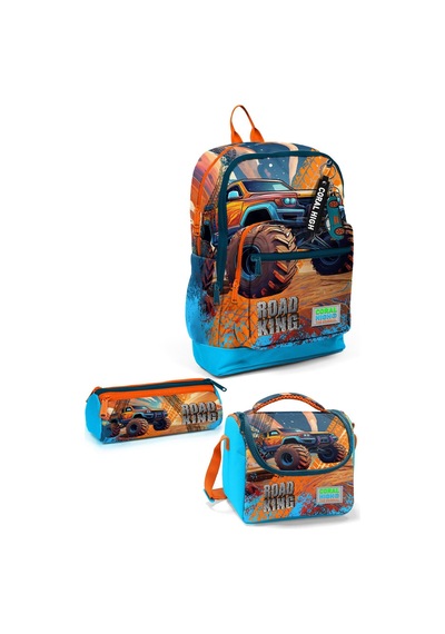 Coral High Kids Mavi Turuncu High Wheels Truck Desenli 3'lü Okul Çanta Seti Set0123778 - Erkek Çok Renkli