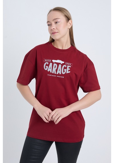 Kadın Oversize Baskılı T-shirt Bordo Garage Bordo