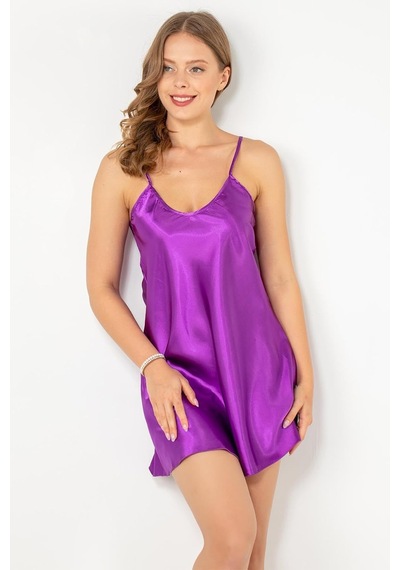 İnce Askılı Mini Saten Gecelik,mor Menekşe L/xl Açık Bej - Beyaz
