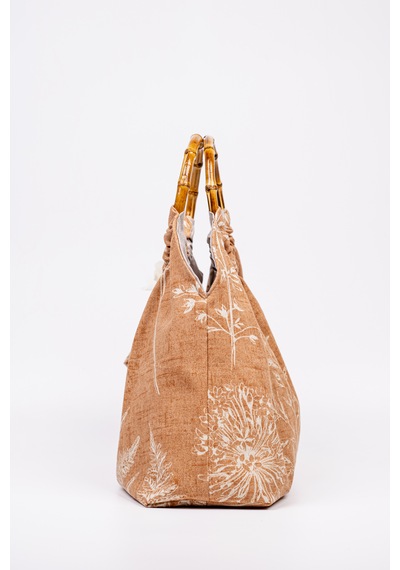 Fabric Craft Bag El Çantası Keten Kumaş Bambu Saplı Çiçek Desen Taba - Kahverengi