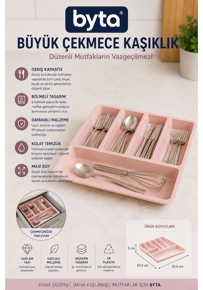 Büyük Boy 6 Bölmeli Çekmece Kaşıklık Mutfak Çatal, Kaşık Ve Bıçak Düzenleyici Organizer Mavi Pembe Siyah 1 Adet Karışık Renk Gönderilir Pembe