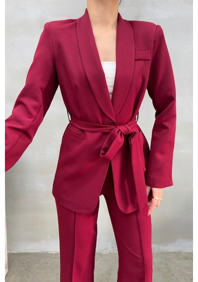 Msm Fashion Kadın İkili Kuşaklı Blazer Ceket Pantolon Takım Bordo