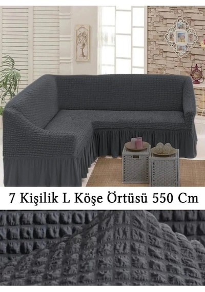 Upmall Bürümcük 7 Kişilik Köşe Koltuk, Kanepe Örtüsü, Koltuk Kılıfı, Lastikli, Etekli, L Köşe 550 Cm Antrasit Antrasit