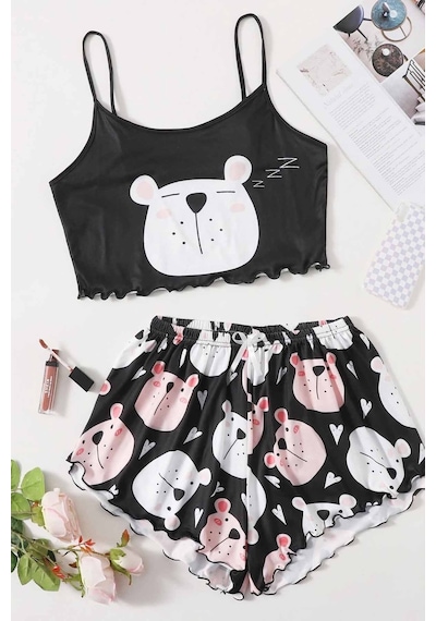 Merry See Uyuyan Ayıcık Basklı Ultrasoft Askılı Sortlu Pijama Takımı 001