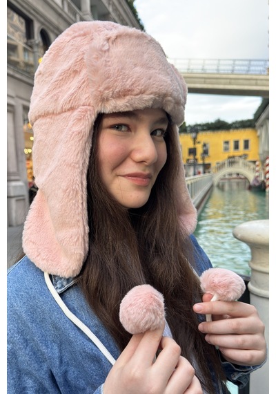 Mollycrush Genç Pembe Peluş Ponponlu Pilot Şapka Uniseks Kışlık Ushanka Tarzı Pembe
