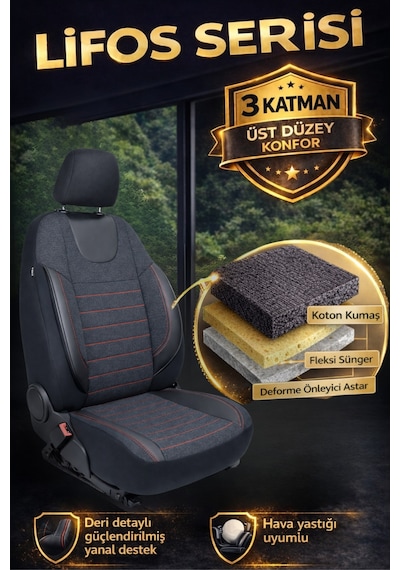 Lifos Hafif Ticari Serisi Koton Kumaş Oto Koltuk Kılıfı Tam Set Berlıngo-caddy-connect-courıer-doblo-dokker-partner Siyah-Kırmızı