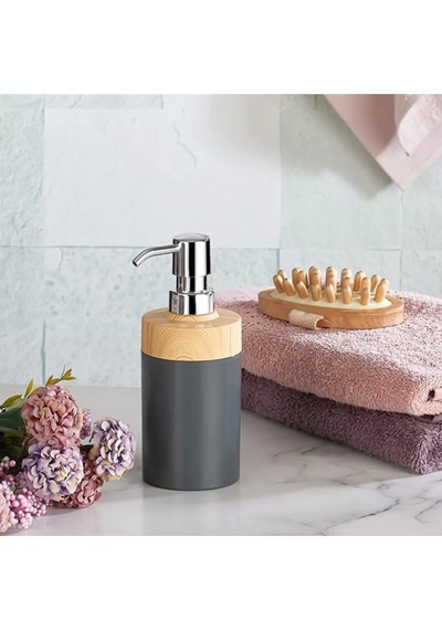 Bersachef Limpia Bambu Desenli 5'li Banyo Seti Çöp Kovası Sıvı Sabunluk Diş Fırçalık Kutusu Banyo Seti Gri
