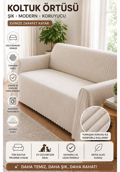 Premium Çizgili Kırık Beyaz Koltuk Örtüsü Kaymaz, Şık Ve Modern Tasarım