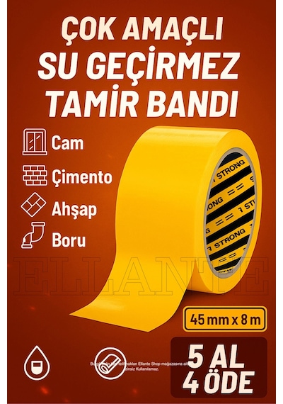 Çok Amaçlı Su Geçirmez Sızdırmaz Dayanıklı Izolasyon Sarı Tamir Bandı 45 Mm 8 Mt 1 Adet Güçlü