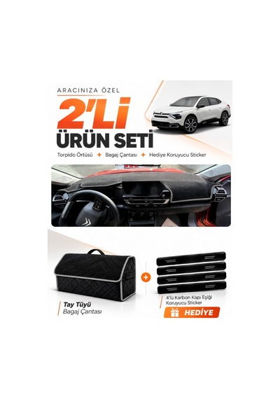 E-biz Cıtroen C4x Displaysiz 2020-2026 Uyumlu Torpido Örtüsü + Tay Tüyü Çanta - Siyah-gri - Cı001