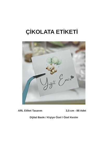 Yenidoğan Ayıcıklı Yeşil Balonlu Çikolata Etiketi 3,5x3,5 Cm 88 Adet -arl Etiket Tasarım Beyaz