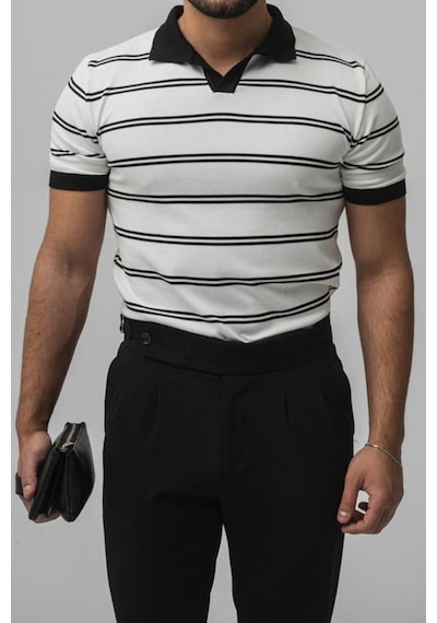 Tarz Cool Erkek Paralel Polo Yaka Slim T-shirt Beyaz