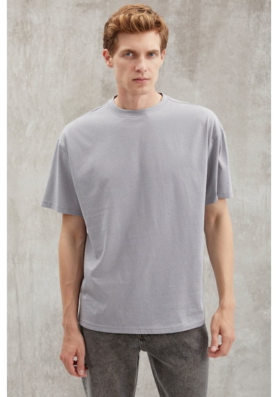 Grımelange Grımelange Sterlıng Erkek Oversize Fit Yagmur Damlacıklı Görüntülü Özel Dokulu Gri T-shirt Gri