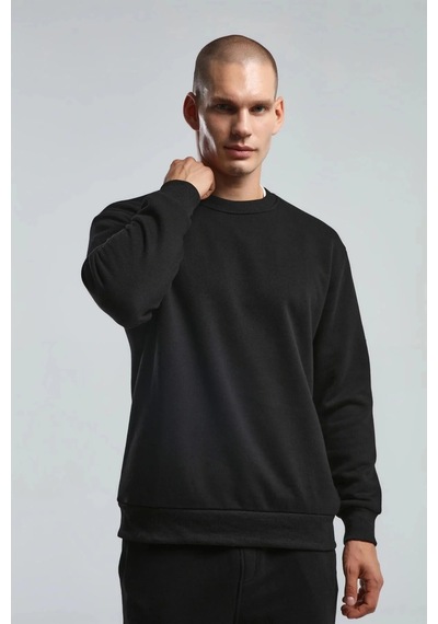 Erkek Bisiklet Yaka Uzun Kol Basıc Sweatshirt Siyah Çok Renkli