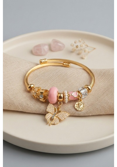 Pembe Kelebek Model Gold Renk Charmlı Bileklik Açık Mavi