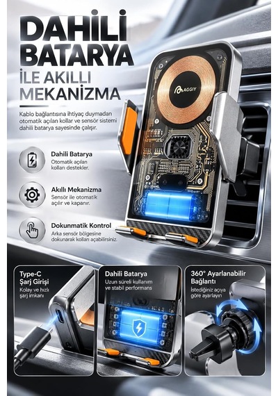 Tr Kablosuz Şarjlı Araç Telefon Tutucu 15w, Otomatik Sensörlü Açılır Kapanır Kollar, Qi Uyumlu, Dahili Bataryal Genel