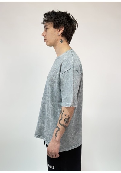 Zaee Vintage Washed Taşlı Oversize T-shirt Fırtına Gri