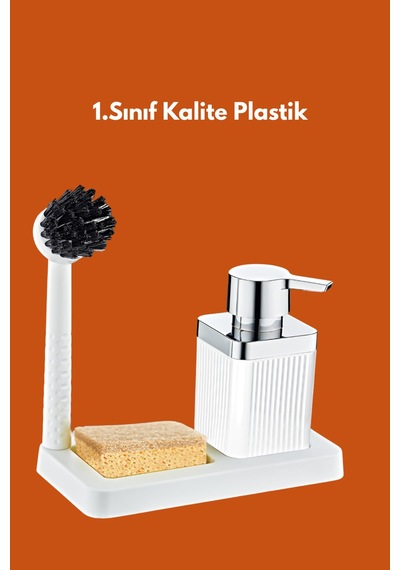 Grimorlife Fırçalı Sıvı Sabunluk Ve Sünger Seti - Standlı Plastik Mutfak Banyo Sabunluk Lifli Sünger Hediyeli Beyaz