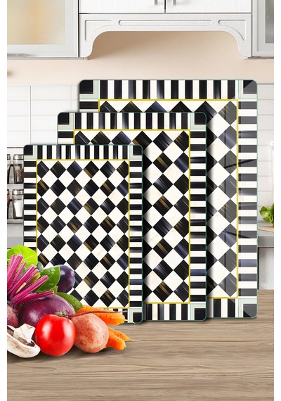 3'lü Cam Kesme Tahtası Ve Sunumluk Mackenzie Desenli 20 X 30, 25 X 35 Ve 30 X 40 Cm Çok Renkli