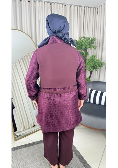 Ghisa Gold Düğmeli Kendinden Desenli Kadın Mürdüm Takım 26kgstkm3201 Mürdüm